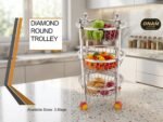 ONAM Diamond Round 3 Tier Stainless Steel Fruit Vegetable Trolley with Wheels for Kitchen Storage Organizer