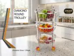 ONAM Diamond Round 3 Tier Stainless Steel Fruit Vegetable Trolley with Wheels for Kitchen Storage Organizer