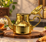 DHARA Ceylon Gold Teapot in gold finish, premium stainless steel tea server with decorative lid, curved spout and elegant handle.