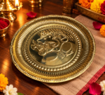 Ruliarams 12 inch golden finish Shree Ganesh embossed pooja thali with decorative traditional borders.