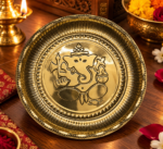Ruliarams 12 inch golden finish Shree Ganesh embossed pooja thali with decorative traditional borders.