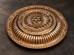 Ruliarams pure copper Gayatri Mantra pooja plate with embossed Om symbol, Surya sunburst design and decorative border