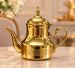 DHARA Ceylon Gold Teapot in gold finish, premium stainless steel tea server with decorative lid, curved spout and elegant handle.
